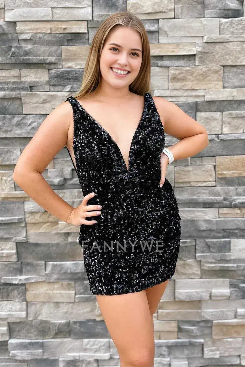 FannyWe Simple Black Sequins Plunge Mini Homecoming Dress formal wear dresses